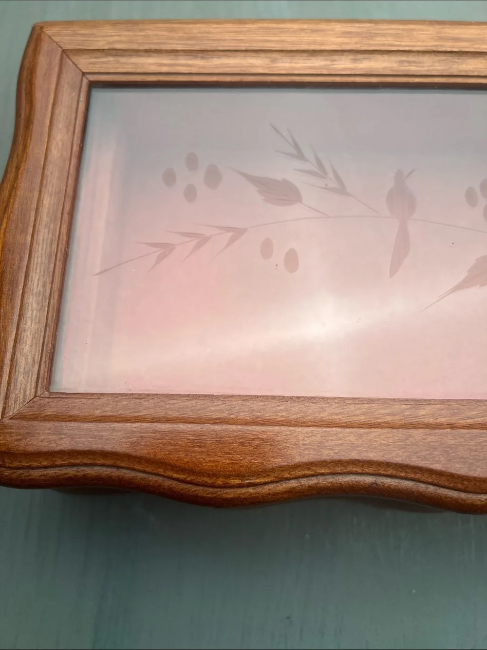 Vintage walnut etched glass jewelry/watch/treasure box. Beautiful curved lines.